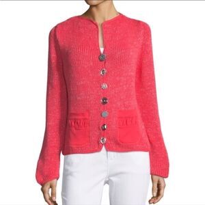 Pure Handknit Collection Cardigan Size M/L Red & Metallic Silver Jewel Buttons